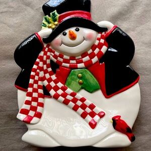 Fitz & Floyd Holly Jolly Snowman Canapé Snack Plate Christmas Collectable